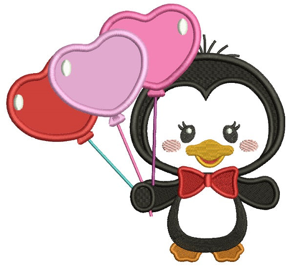Cute Little Penguin Holding Balloons Applique Machine Embroidery Design Digitized Pattern