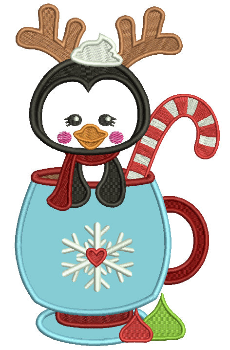 Cute Little Penguin Wearing Antlers and Sitting In The Cup Christmas Applique Machine Embroidery Design Digitized Pattern