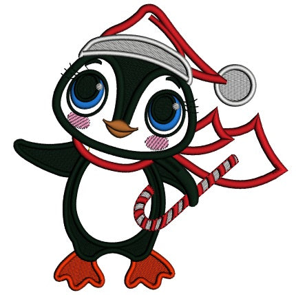 Cute Little Penguin Wearing Santa Hat And Holding Candy Cane Christmas Applique Machine Embroidery Design Digitized Pattern