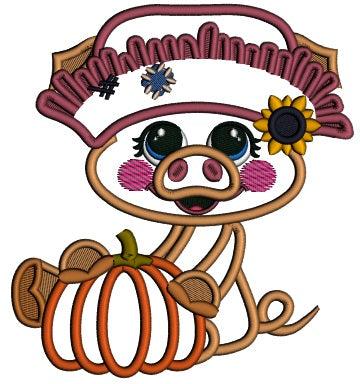 Cute Little Pig Farmer Holding Big Pumpkin Halloween Applique Machine Embroidery Design Digitized Pattern