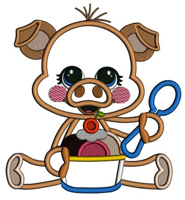 Cute Little Pig Holding Big Spoon And Eating Ice Cream Applique Machine Embroidery Design Digitized Pattern