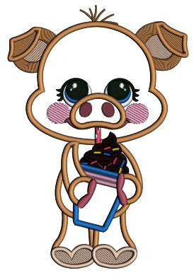 Cute Little Piggy Drinking Chocolate Shake Applique Machine Embroidery Design Digitized Pattern