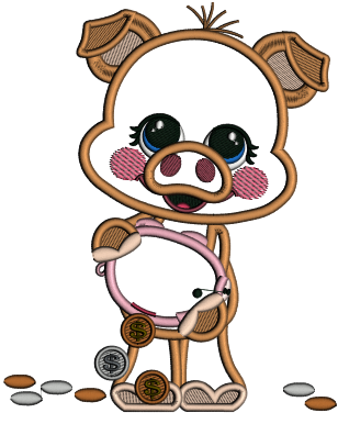 Cute Little Piggy Holding Pennies in a Piggy Bank Applique Machine Embroidery Design Digitized Pattern