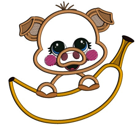 Cute Little Piggy Holding a Banana Applique Machine Embroidery Digitized Design Pattern