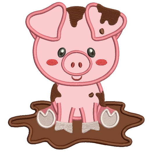 Cute Little Piggy in the Mud Applique Machine Embroidery Digitized Design Pattern