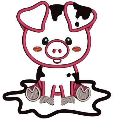 Cute Little Piggy in the Mud Applique Machine Embroidery Digitized Design Pattern