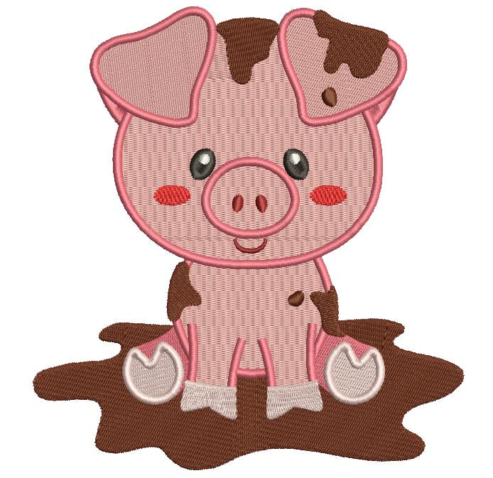 Cute Little Piggy in the Mud Filled Machine Embroidery Digitized Design Pattern