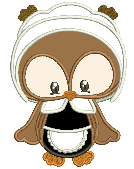 Cute Little Pilgrim Girl Owl Thanksgiving Filled Machine Embroidery Digitized Design Pattern