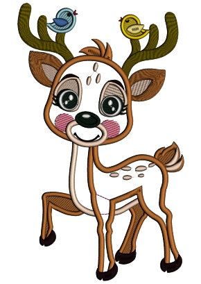 Cute Little Reindeer With Two Singing Birds Applique Machine Embroidery Design Digitized Pattern