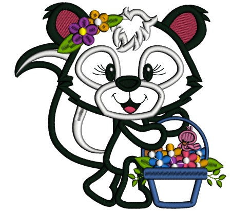 Cute Little Skunk Holding Flowers Applique Machine Embroidery Design Digitized Pattern