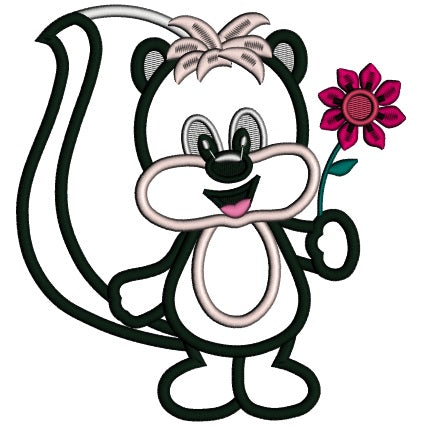 Cute Little Skunk Holding a Flower Applique Machine Embroidery Design Digitized Pattern