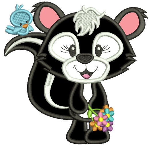 Cute Little Skunk With A Little Bird Applique Machine Embroidery Design Digitized Pattern