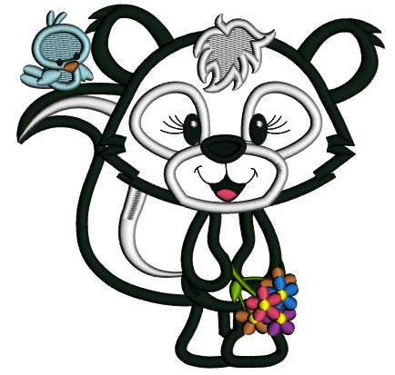 Cute Little Skunk With A Little Bird Applique Machine Embroidery Design Digitized Pattern