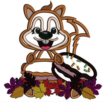 Cute Little Squirrel Eating Donuts Fall Applique Machine Embroidery Design Digitized Pattern