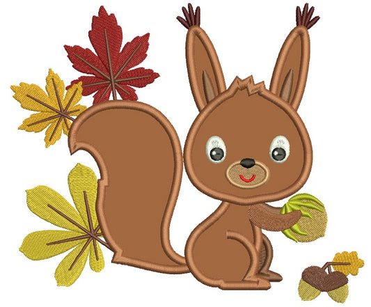 Cute Little Squirrel With Leaves Applique Machine Embroidery Design Digitized Pattern