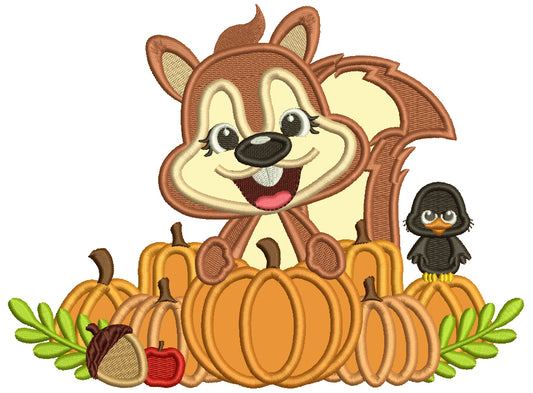 Cute Little Squirrel With a Bird Acorns and Pumpkins Applique Filled Machine Embroidery Design Digitized Pattern