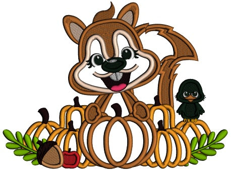 Cute Little Squirrel With a Bird Acorns and Pumpkins Applique Filled Machine Embroidery Design Digitized Pattern