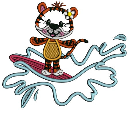 Cute Little Tiger Surfer Riding Waves Summer Applique Machine Embroidery Design Digitized Pattern