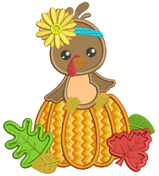 Cute Little Turkey Sitting On The Pumpkin Thanksgiving Applique Machine Embroidery Design Digitized Pattern