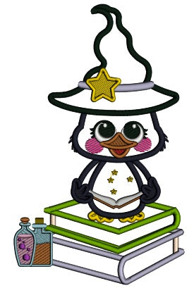 Cute Little Wizard Crow SItting On Potion Books Applique Halloween Machine Embroidery Design Digitized Pattern