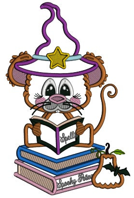 Cute Little Wizard Rat Reading The Book Of Spells Halloween Applique Machine Embroidery Design Digitized Pattern
