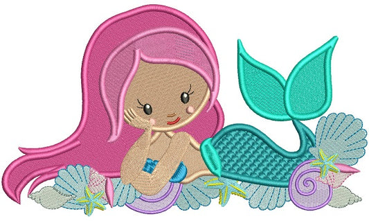 Cute Mermaid And Seashells Filled Machine Embroidery Design Digitized Pattern