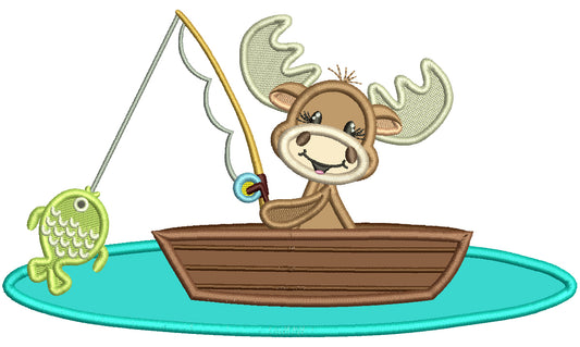 Cute Moose Fishing On The Lake Applique Machine Embroidery Design Digitized Pattern