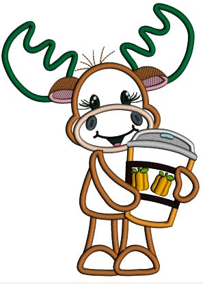 Cute Moose Holding Coffee Cup With Pumpkins Fall Applique Thanksgiving Machine Embroidery Design Digitized Pattern