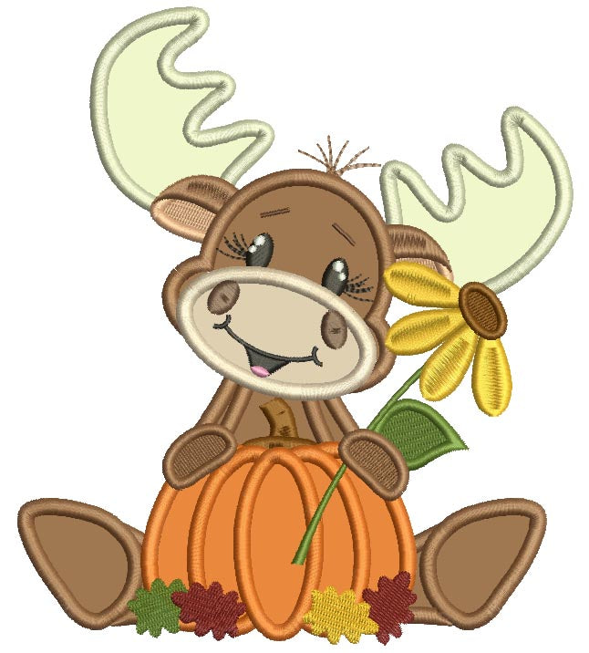 Cute Moose Sitting Behind Pumpkin Holding a Flower Thanksgiving Appliq ...