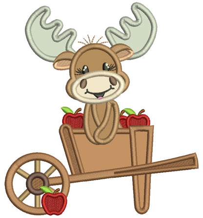 Cute Moose Sitting Inside Garden Cart Fall Applique Machine Embroidery Design Digitized Pattern