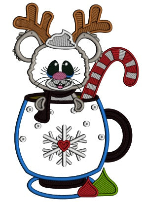 Cute Mouse With Antlers Sitting In the Cup Applique Christmas Machine Embroidery Design Digitized Pattern