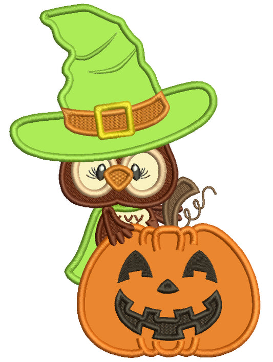 Cute Owl Wearing Wizard Hat Holding Pumpkin Applique Halloween Machine Embroidery Design Digitized Pattern