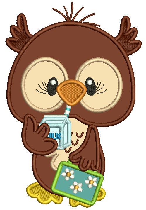 Cute Owl With Milk Carton School Applique Machine Embroidery Design Digitized Pattern