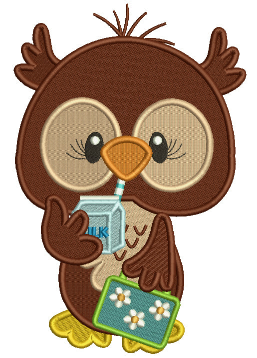 Cute Owl With Milk Carton School Filled Machine Embroidery Design Digitized Pattern