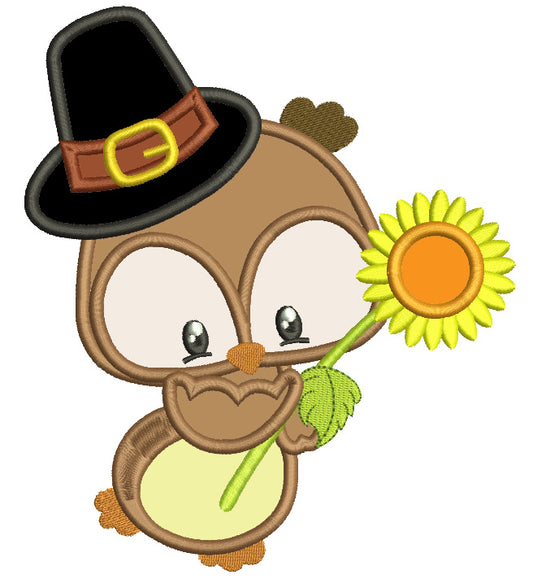 Cute Owl With Sunflower and a Big Hat Applique Machine Embroidery Digitized Design Pattern