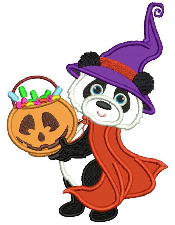 Cute Panda Witch Halloween Applique Machine Embroidery Design Digitized Pattern