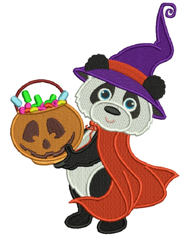 Cute Panda Witch Halloween Filled Machine Embroidery Design Digitized Pattern