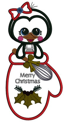 Cute Penguin Sitting Inside a MItten Merry Christmas Applique Machine Embroidery Design Digitized Pattern