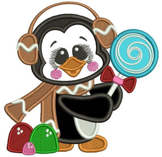 Cute Penguin With a Giant Candy Christmas Applique Machine Embroidery Design Digitized Pattern