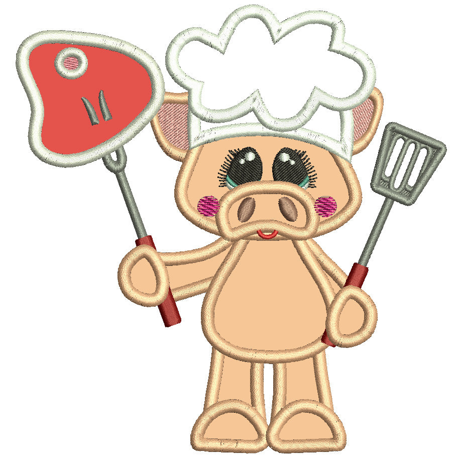 Cute Pig Cook Holding Big Steak Applique Machine Embroidery Design Digitized Pattern