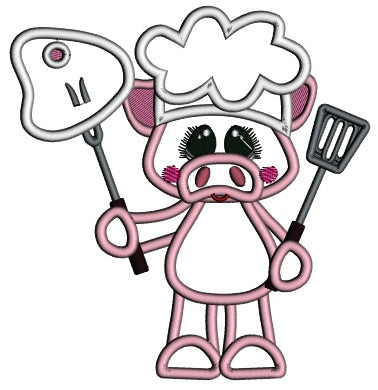 Cute Pig Cook Holding Big Steak Applique Machine Embroidery Design Digitized Pattern