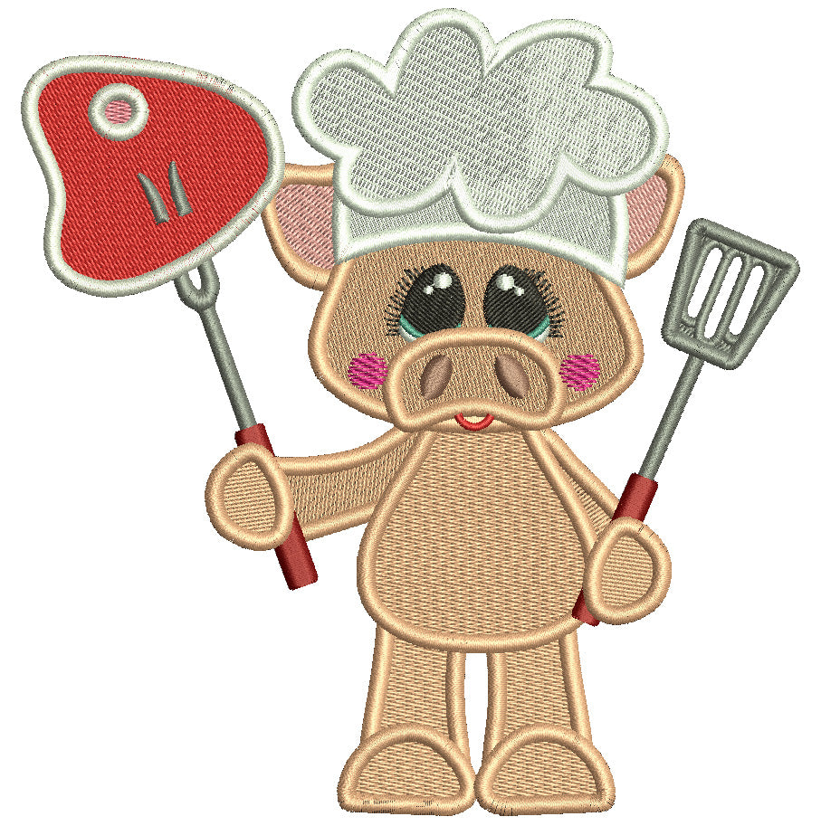 Cute Pig Cook Holding Big Steak Filled Machine Embroidery Design Digitized Pattern