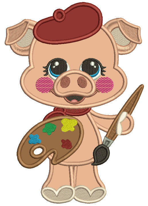 Cute Piggy Artist Applique Machine Embroidery Design Digitized Pattern