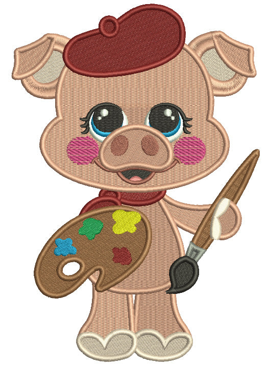 Cute Piggy Artist Filled Machine Embroidery Design Digitized Pattern