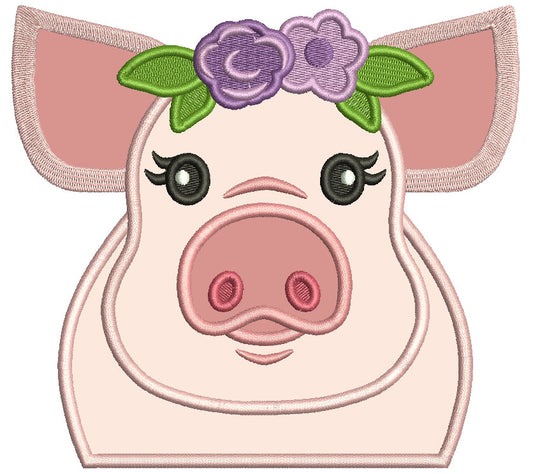 Cute Piggy With Flower Headband Applique Machine Embroidery Design Digitized Pattern