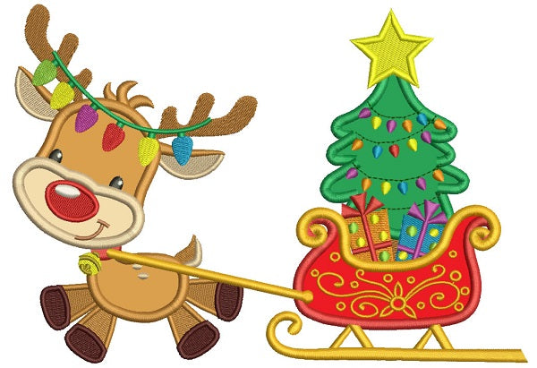 Cute Reindeer Pulling Sleigh With a Christmas Tree Applique Machine Embroidery Design Digitized Pattern