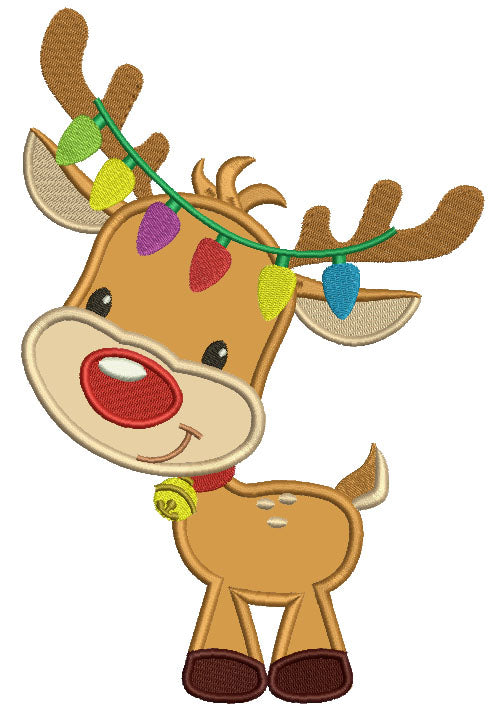 Cute Reindeer With Christmas Lights Applique Machine Embroidery Design Digitized Patter