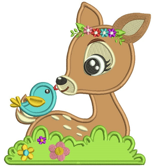 Cute Reindeer With a Bird Applique Machine Embroidery Digitized Design Pattern