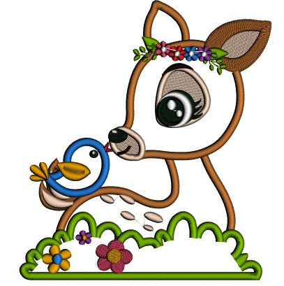 Cute Reindeer With a Bird Applique Machine Embroidery Digitized Design Pattern