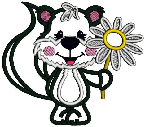 Cute Skunk Holding A Daisy Flower Applique Summer Machine Embroidery Design Digitized Pattern